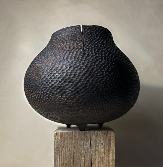 Sculptural Oak " Pot Belly" carved vessel